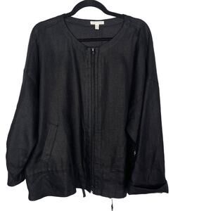 Eileen Fisher L Black Organic Linen Zip Up Jacket Roll Tab Sleeve Drawstring Hem